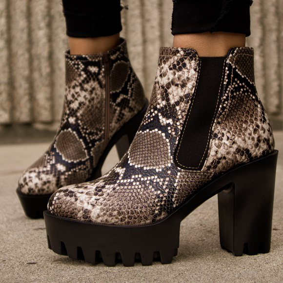 Shoes - Formation - Beige Snake Lug Sole Booties
